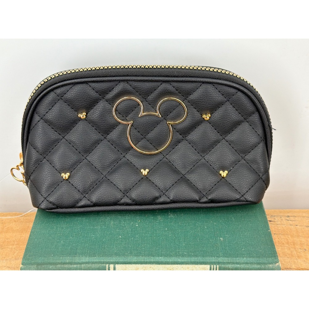 Disney Mickey Mouse Quilted Black Faux Leather Cosmetic Makeup Bag Gold Stud Vtg